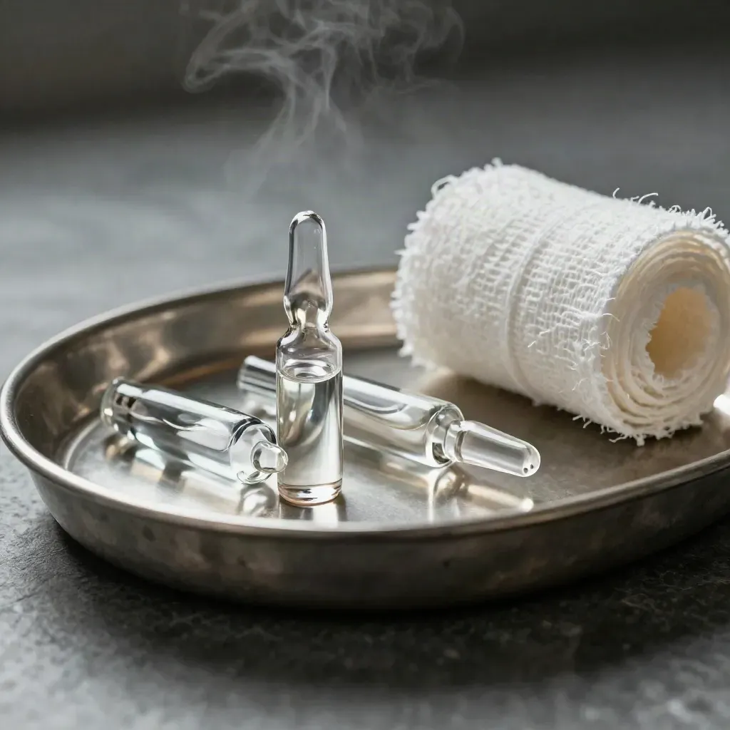 Plateau acier, trois ampoules en verre et gaze roulée, lumière rasante, brume stérile.