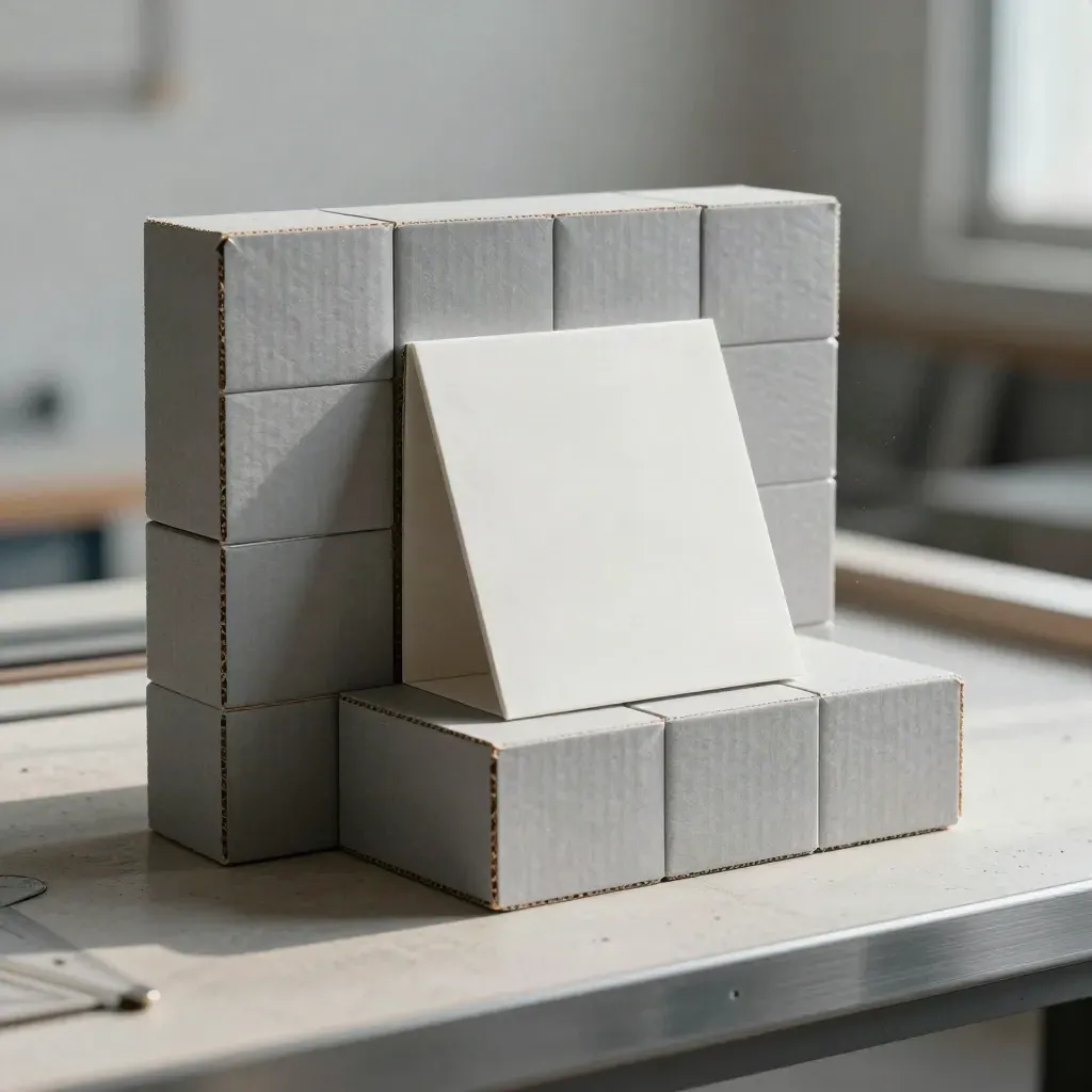 Maquettes grises, équerres aluminium et mousse pliée sur béton clair, lumière dramatique.