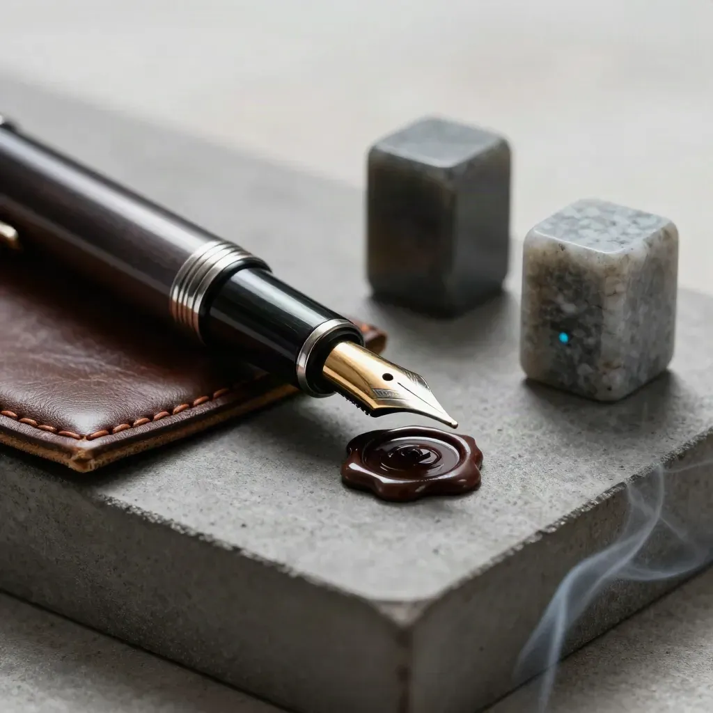 Gros plan d’un stylo plume, d’un sceau laiton et de deux presse-papiers sur pierre.