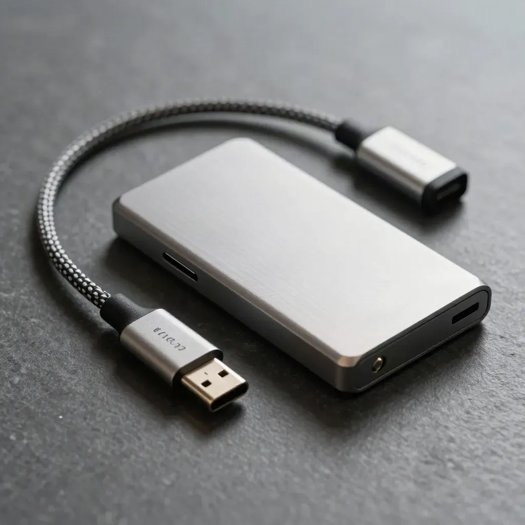 SSD externe compact, câble USB‑C tressé et boîtier alu sur fond gris ardoise.
