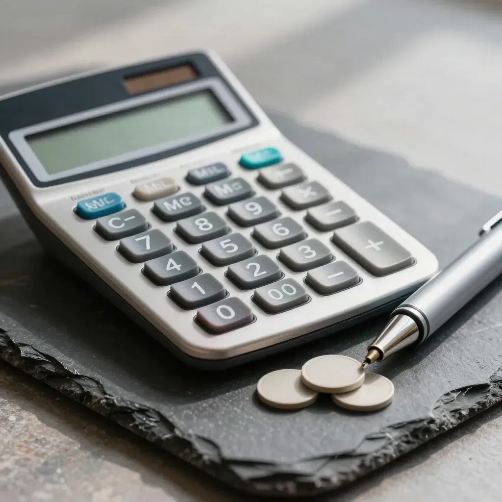 Calculatrice de budget, marqueurs acier et jetons sur pierre graphite, lumière rasante.