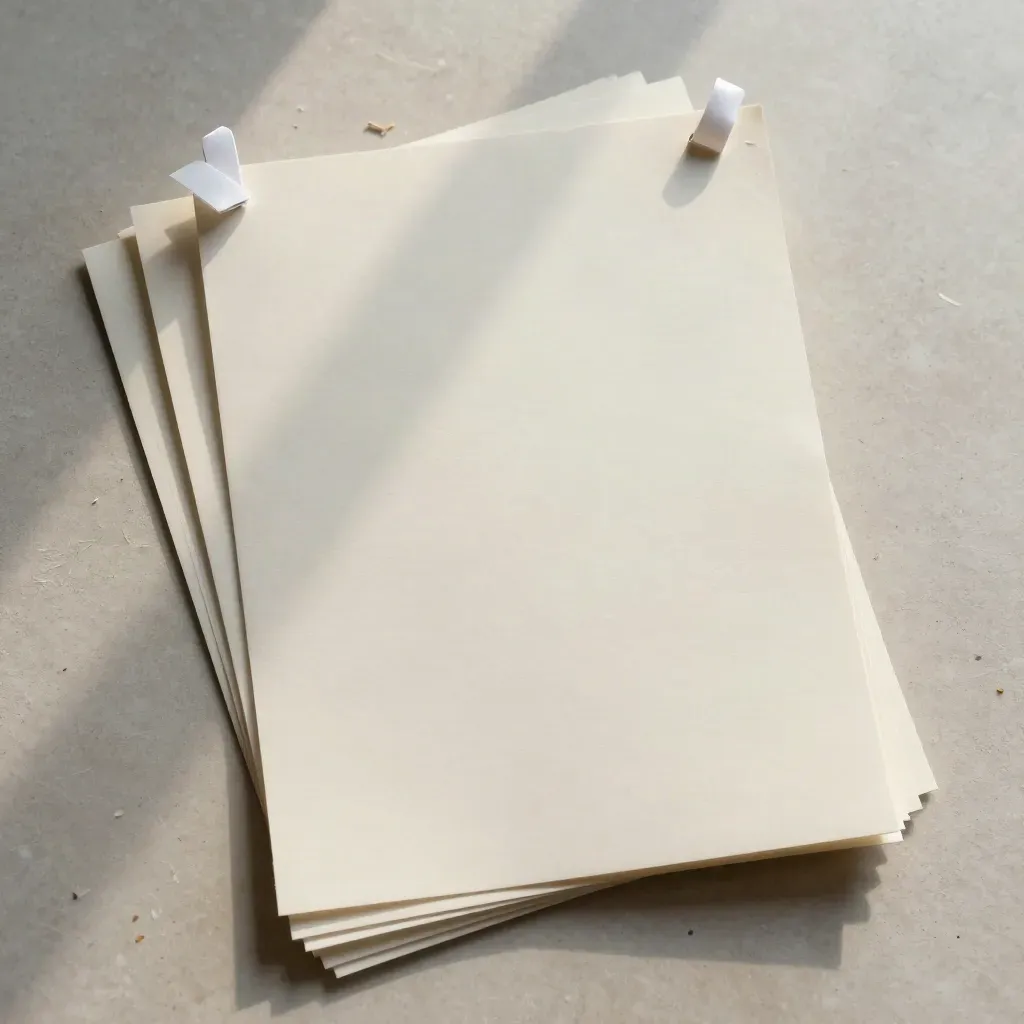 Pile de maquettes web coupées, onglets blancs et pinces fines sur pierre claire.
