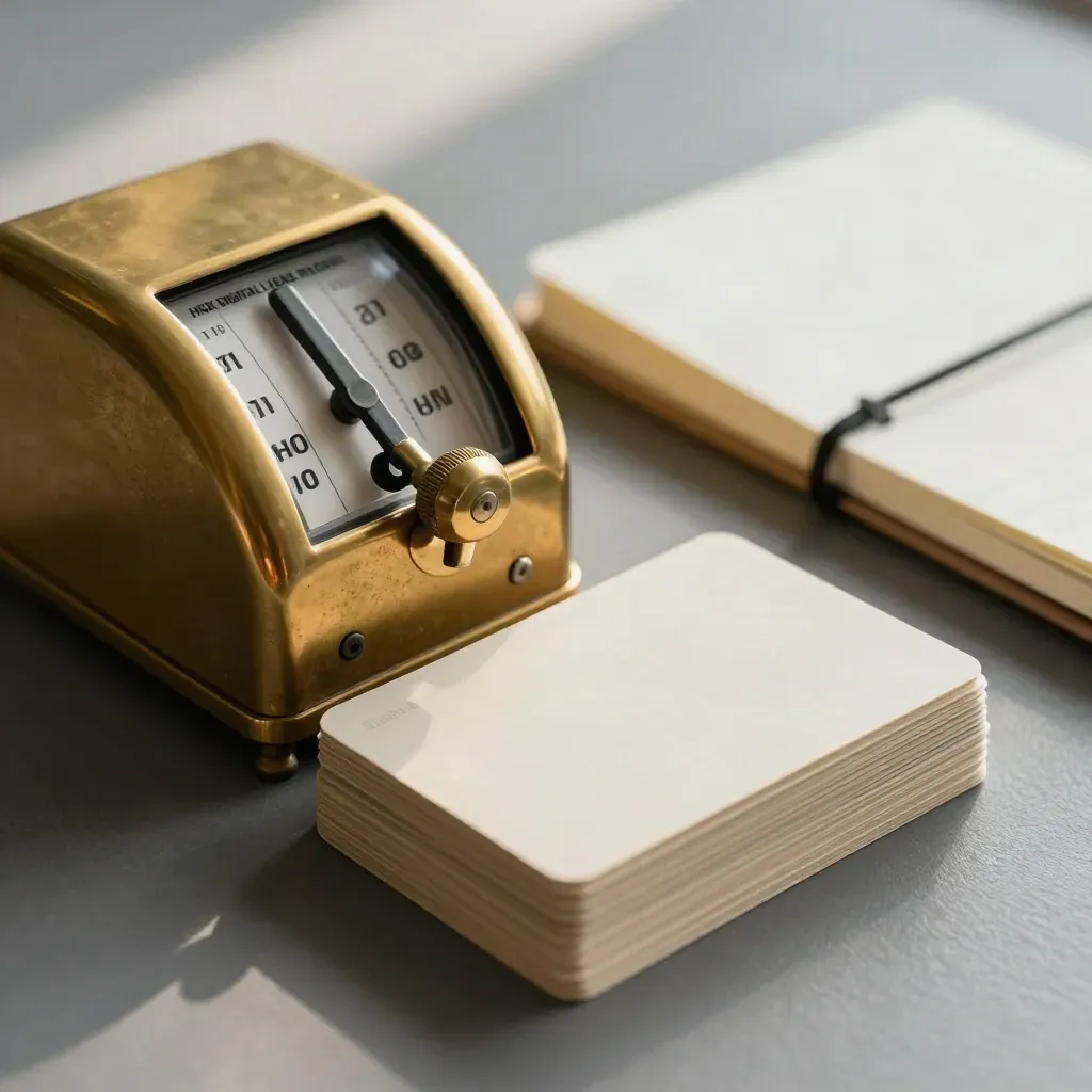 Macro d’un compteur de pointage en laiton, cartes contact et carnet attaché sur surface graphite.