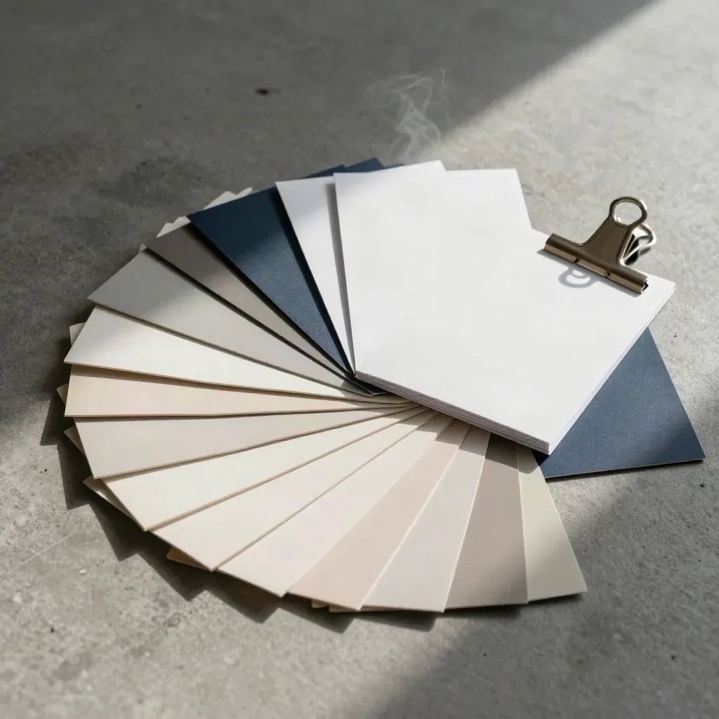 Éventail d’échantillons papier, livret de marque et pince métal sur fond gris, lumière dramatique.