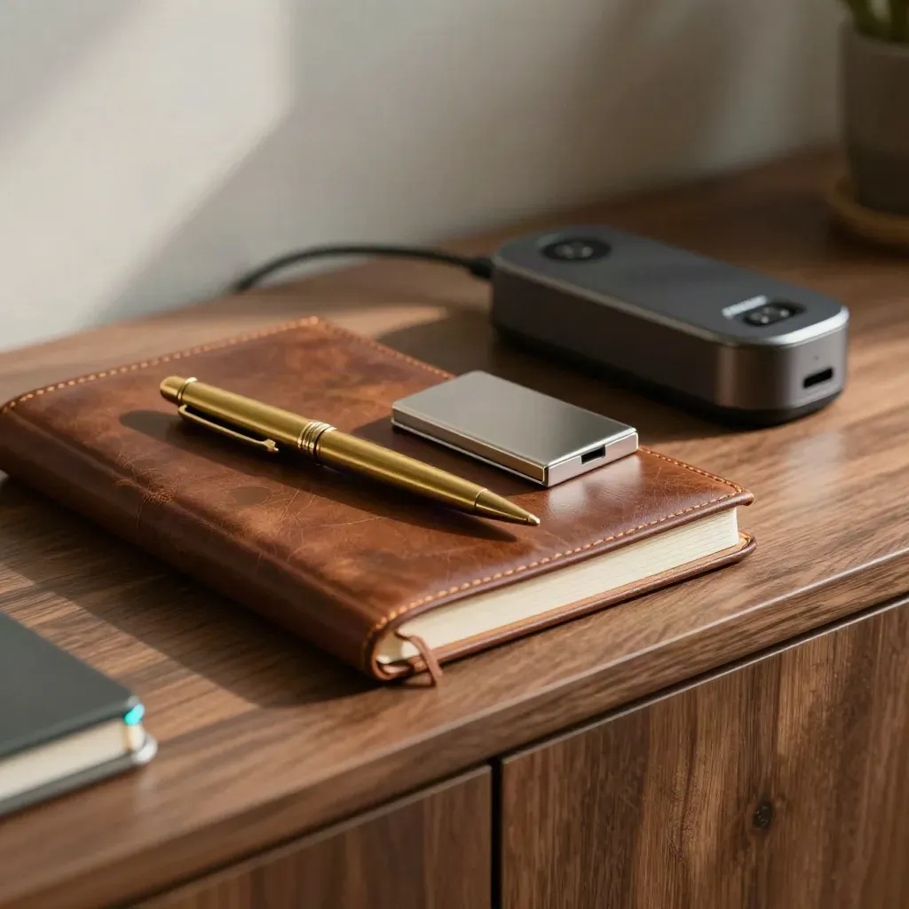 Carnet cuir, stylo laiton, porte-cartes et socle de charge sur un rebord en noyer.