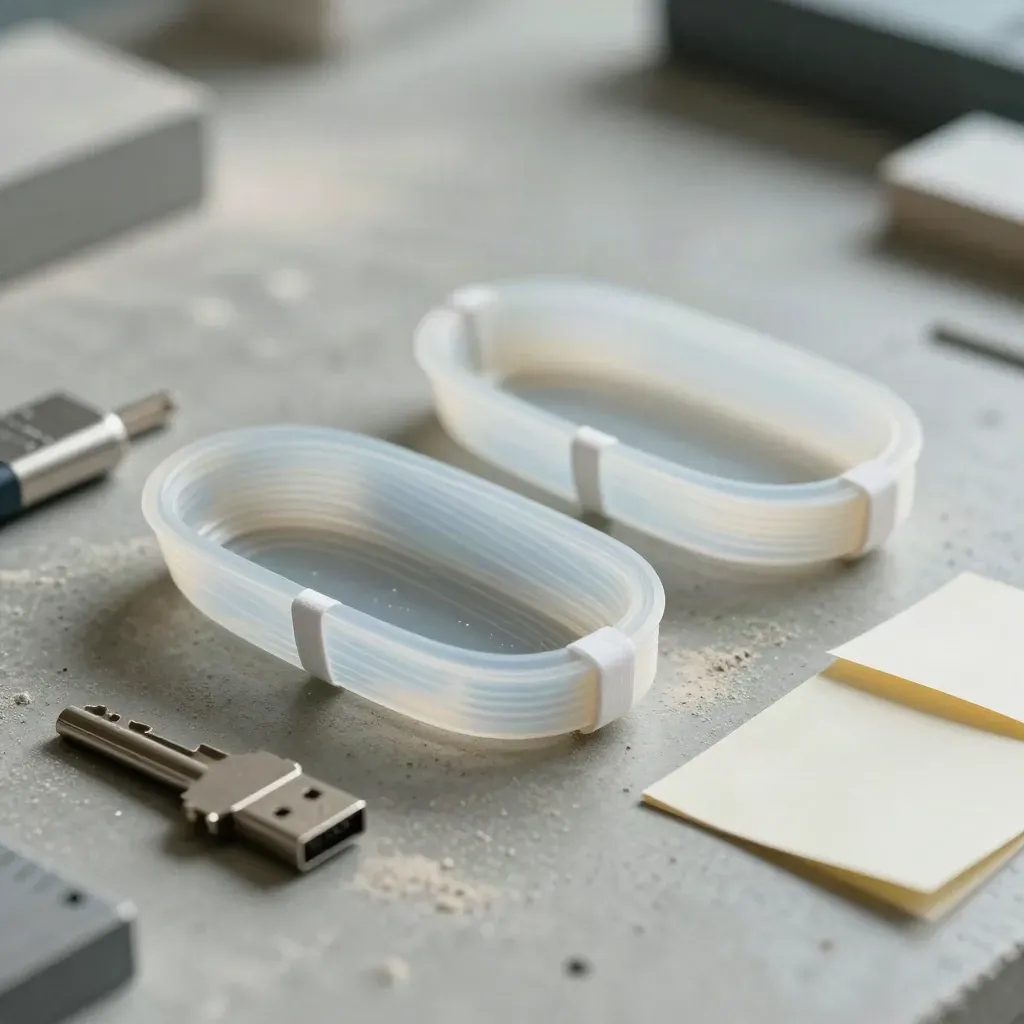 Coques prototypes 3D, élastiques et clé USB sur béton clair, en macro cinétique.