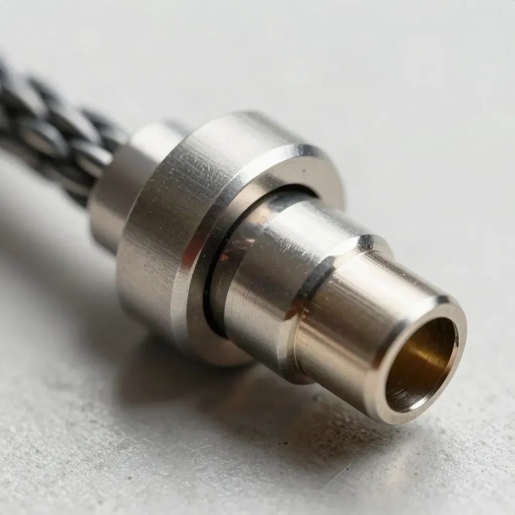 Anneaux métalliques et connecteur précis sur surface claire, vue macro du dessus.