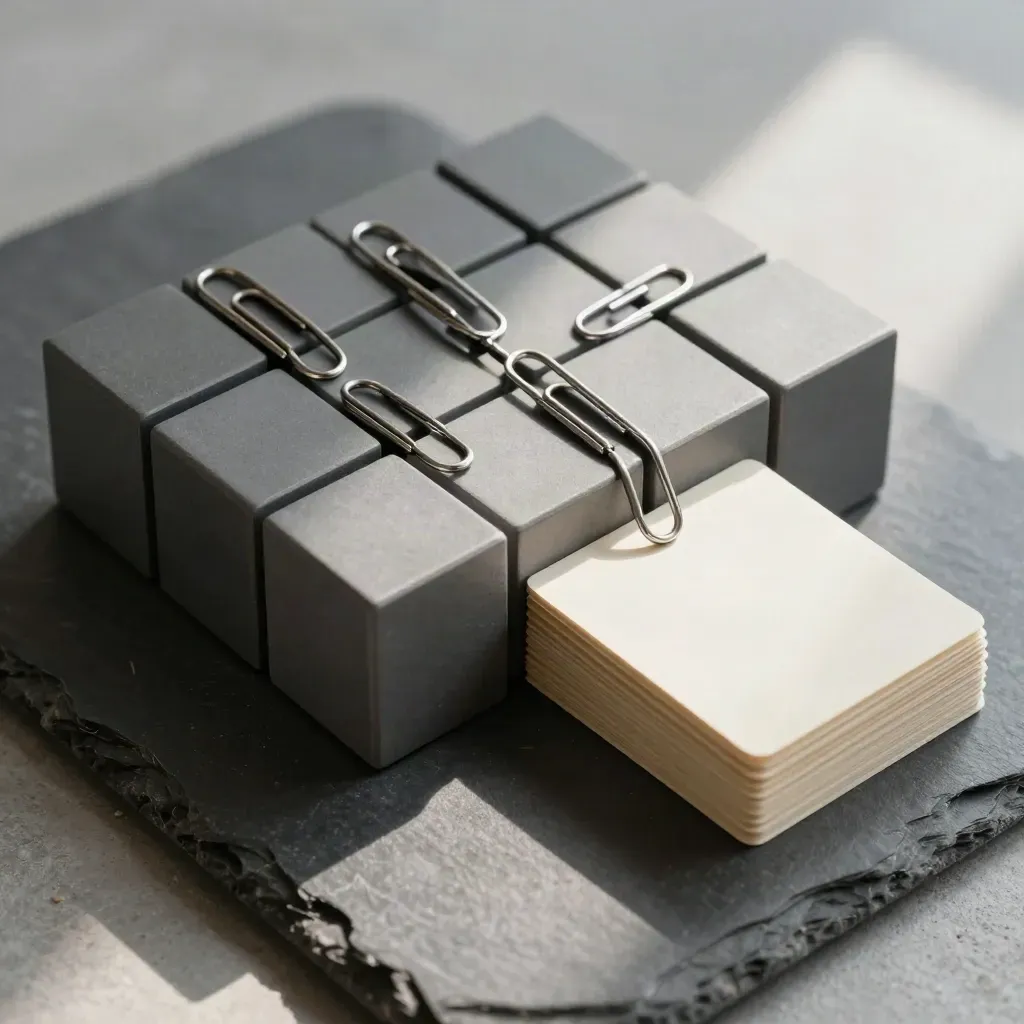 Vue zénithale de cubes modulaires gris, trombones métalliques et cartes vierges sur pierre mate.